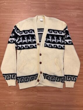 100% Ecuadorian Wool Cream and Black Patterned Men's Cardigan Sweater